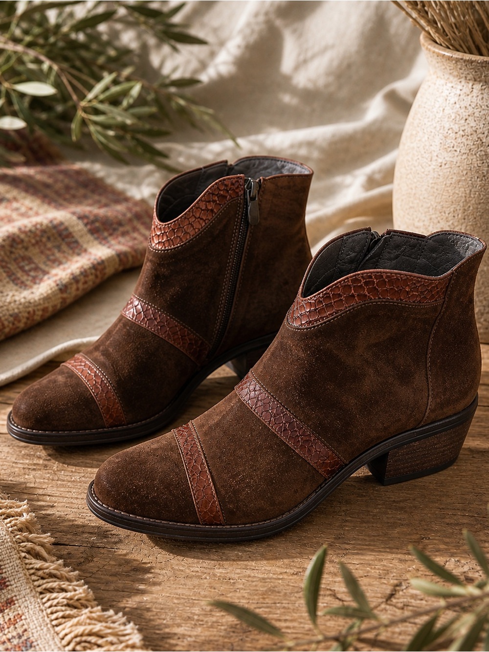 Kanna Spain Brown Suede Leather Snake Trim Ankle Boots EU 40 US 9 Boho